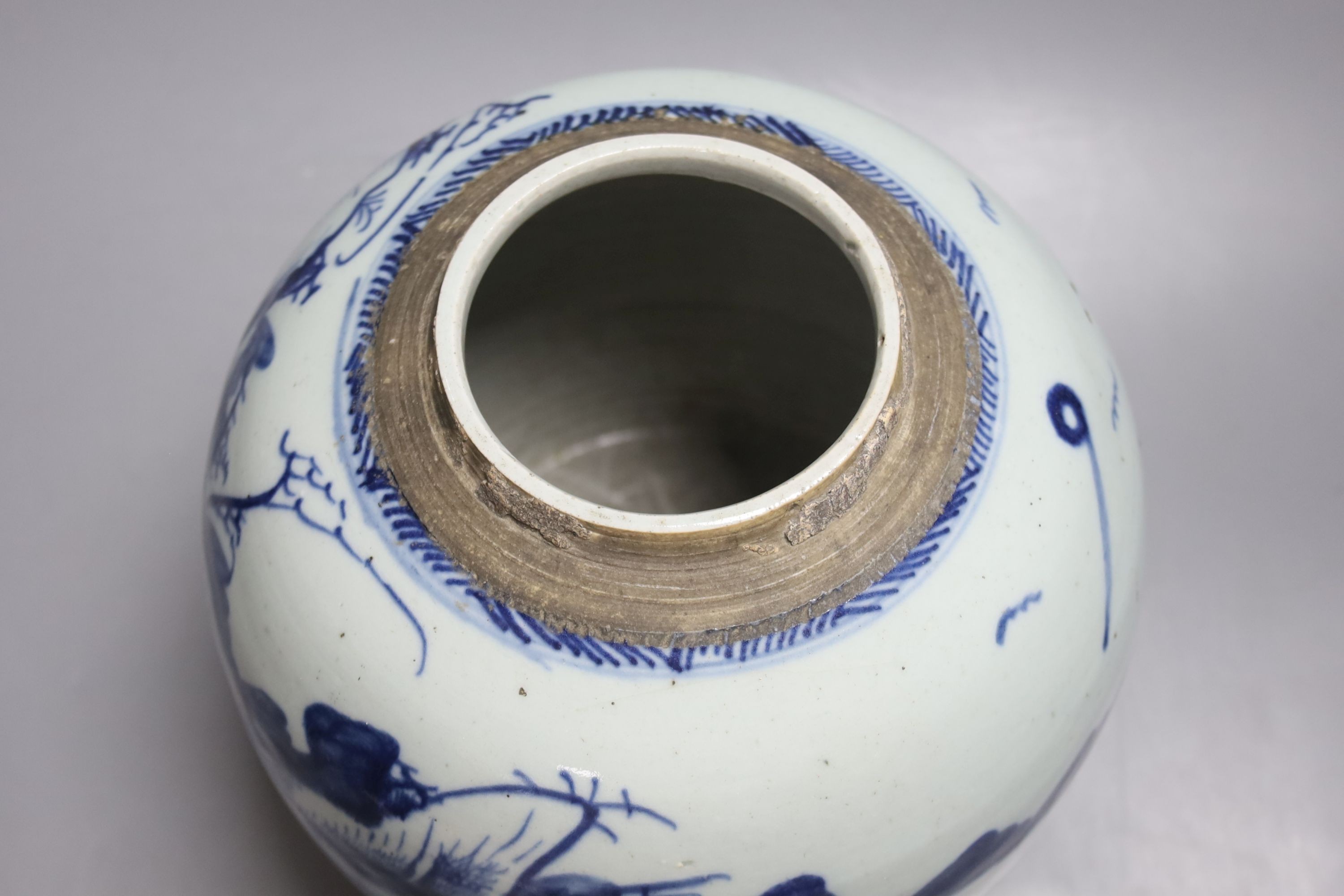 A group of 18th century Chinese export blue and white dishes, plates and a jar, the jar 21.5cm high
